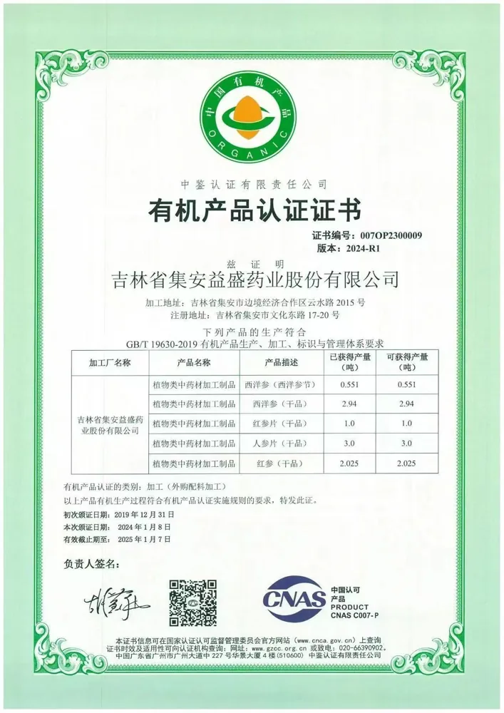 有机加工历史证书 · 截至2025年